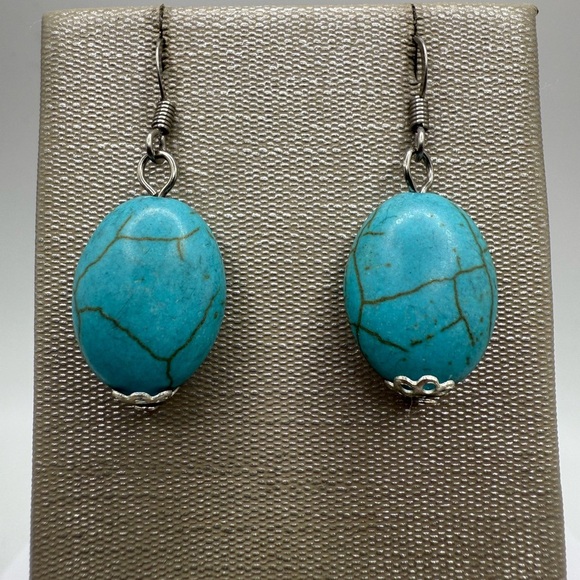 Turquoise Oval Stone Dangle Earrings – Boho Southwestern Style - Picture 1 of 3